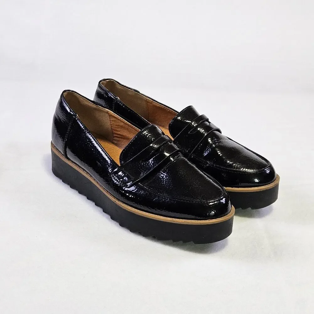 Chinese Laundry Platform Penny Loafer Women 6 Black Patent Goth Chunky Lug Sole